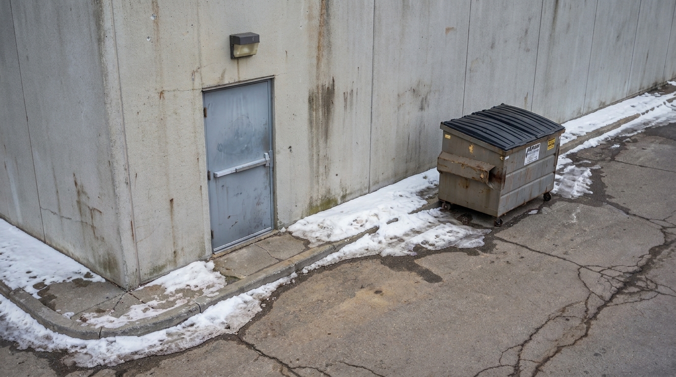 The same rear door at 11:30 in the morning, propped open on a working day.