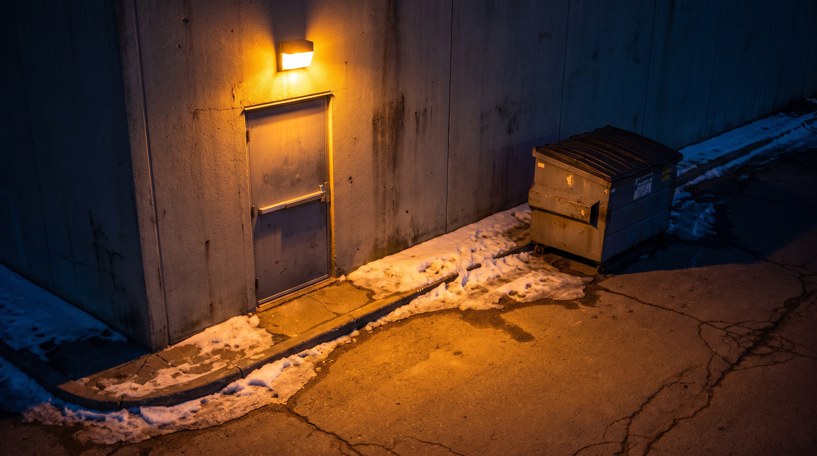 A steel service door on a Calgary back lane at 2:14 in the morning, lit by a single amber wall lamp.